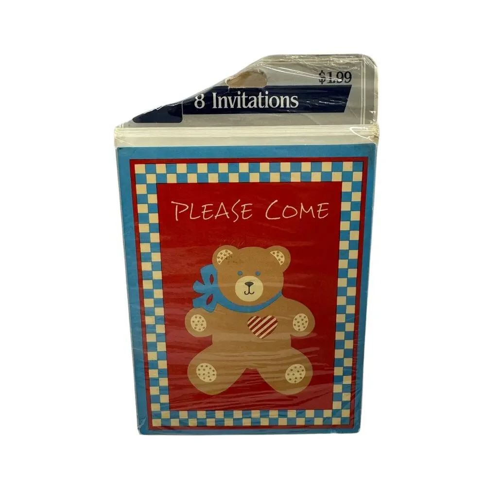 Vintage NEW HALLMARK Ambassador Teddy Bear Please Come Party Invitations 8-pack